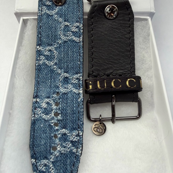 Authentic Upcycled Denim GG /Black Leather J/H with Gucci Ribbon Keeper, size 3 - Picture 3 of 4